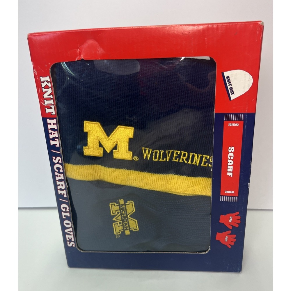 Vintage 90s Michigan Wolverines Knit Hat Scarf‎ Gloves Gift Set NIB Deadstock